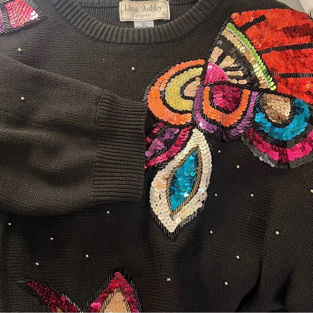 Lisa Ashley Large Women's Vintage Multicolored Sequins & Black Sweater